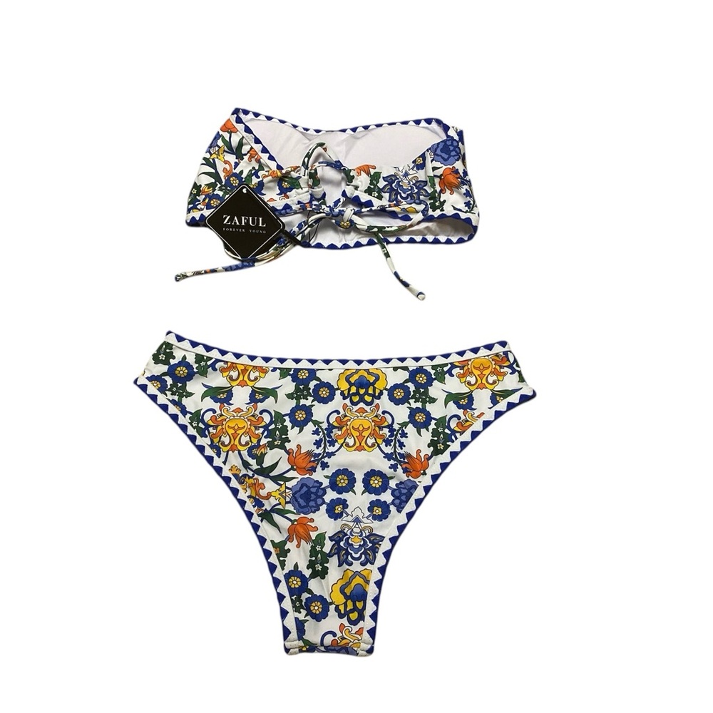 Women’s Strapless Wave Bandeau Bikini Size S 2 Piece Bathing SuitCheeky Lace-Up - Picture 12 of 15